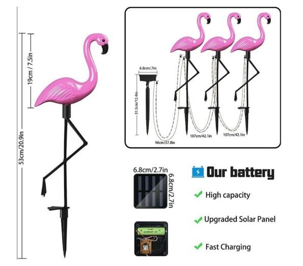 Saulės energijos įkraunamas LED sodo šviestuvų rinkinys - flamingai, 3 vnt, 53cm